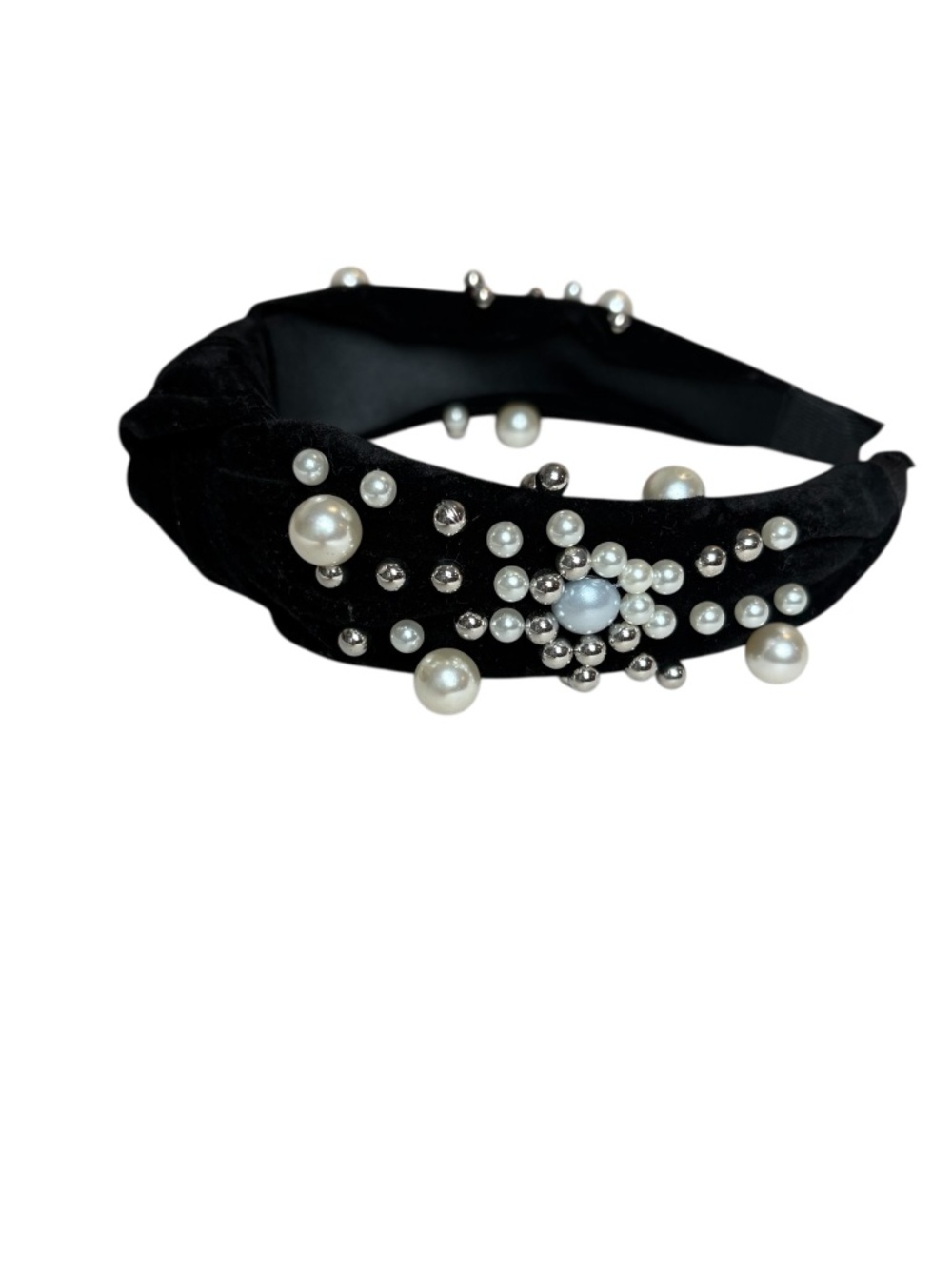 Nordstrom Black Velvet Knotted Headband with Pearls and Silver Balls NWOT